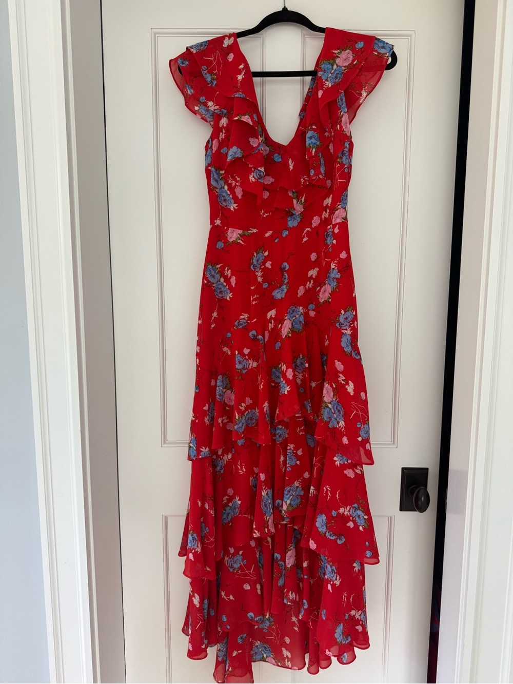 WAYF Red Floral Tiered Ruffle Maxi Dress, S